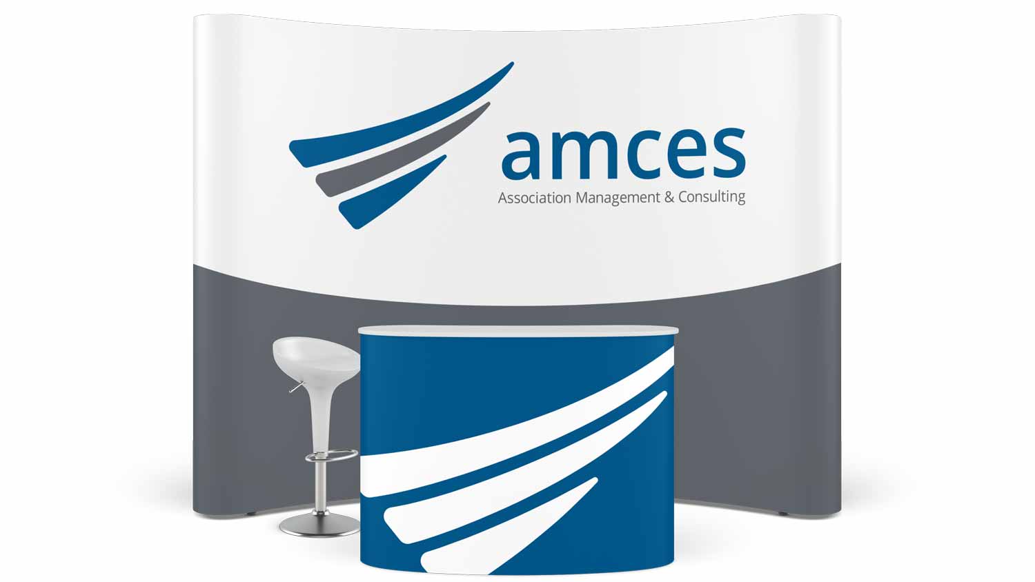 A conference booth with the AMCES branding.