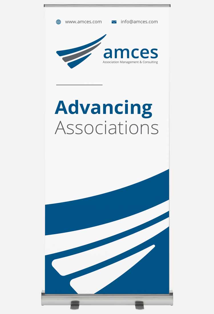 A stand up banner showing the AMCES branding.