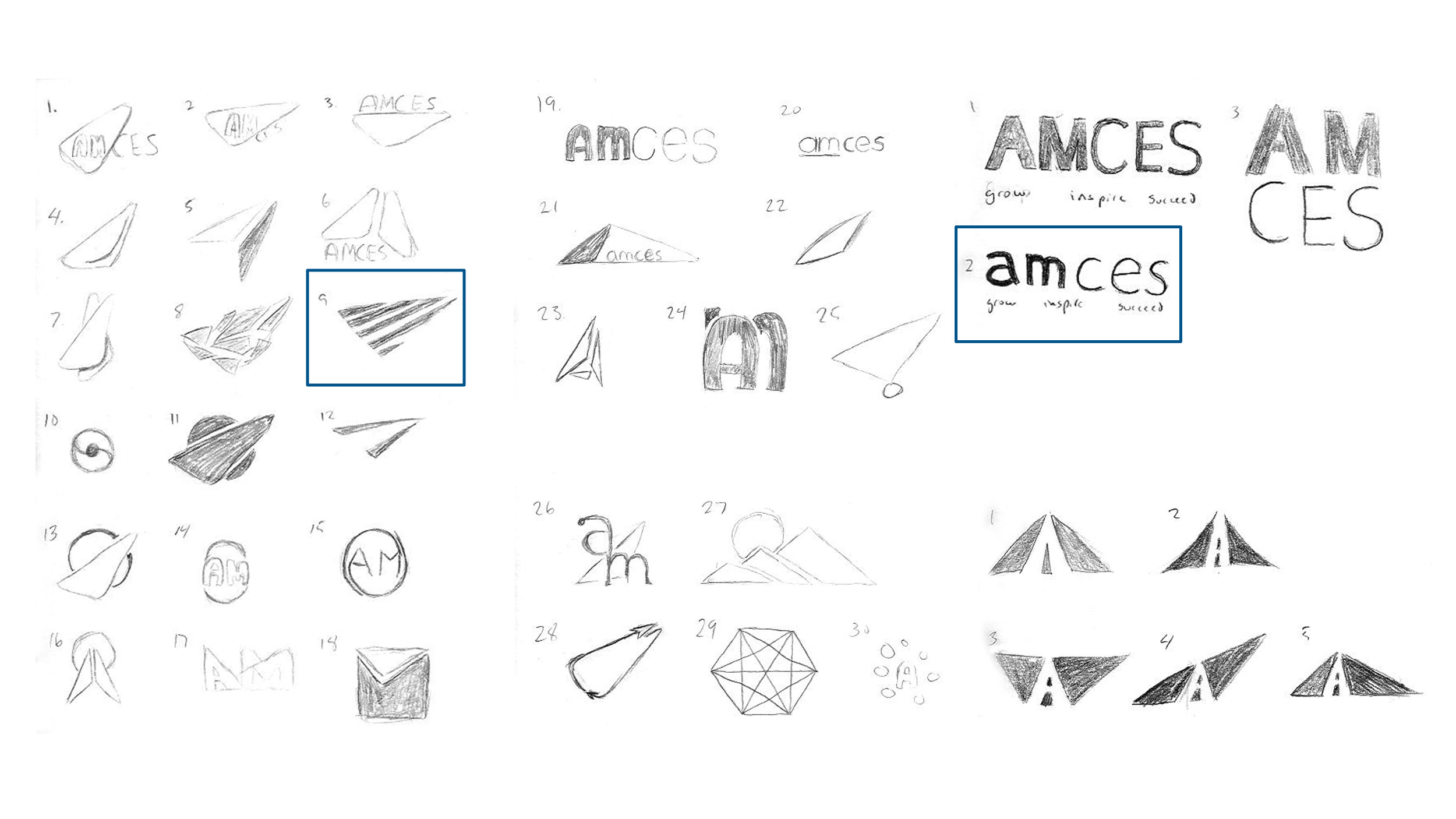 A collection of concepts from the initial round of logo sketches.
