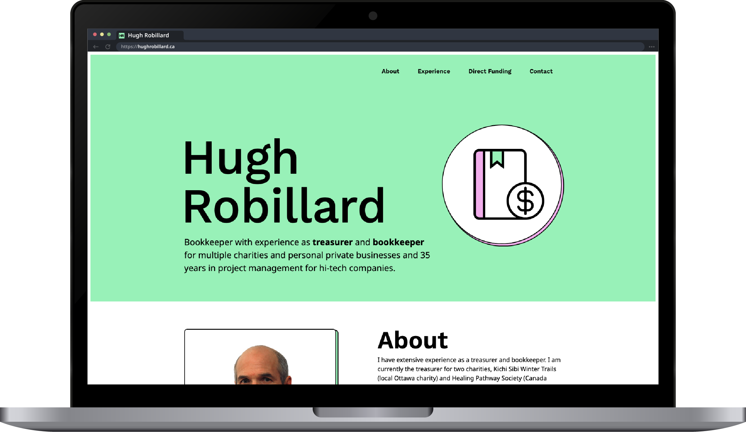 A laptop showing the home page of Hugh Robillard's website