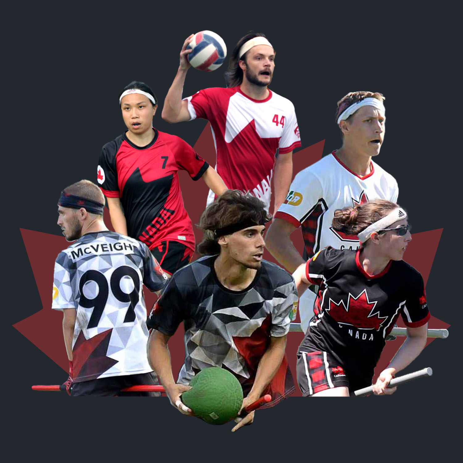 A collage of 6 quadball players showing off Quadball Canada jerseys.