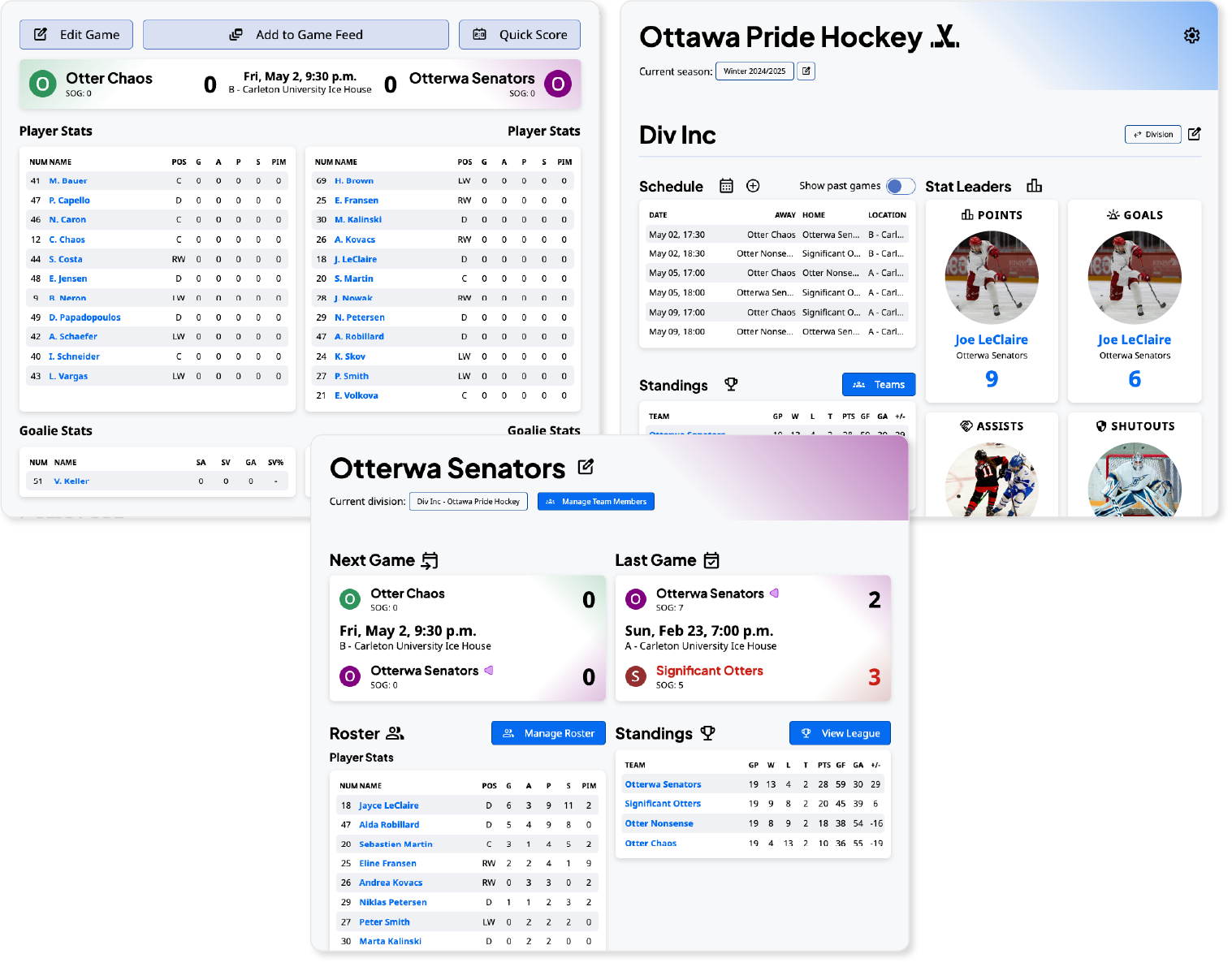 Three screens of the Leagrr app.