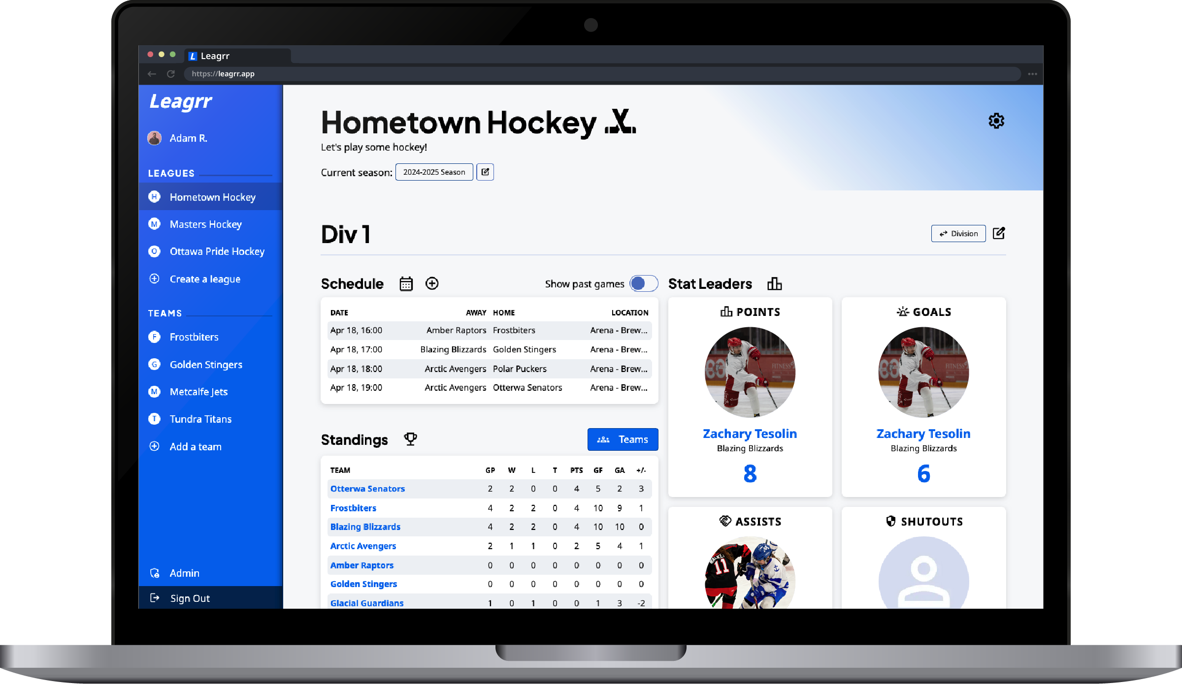 A laptop showing the division overview page of the Leagrr app