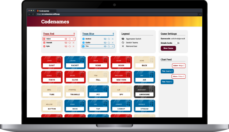 A laptop showing the Codenames online card game.