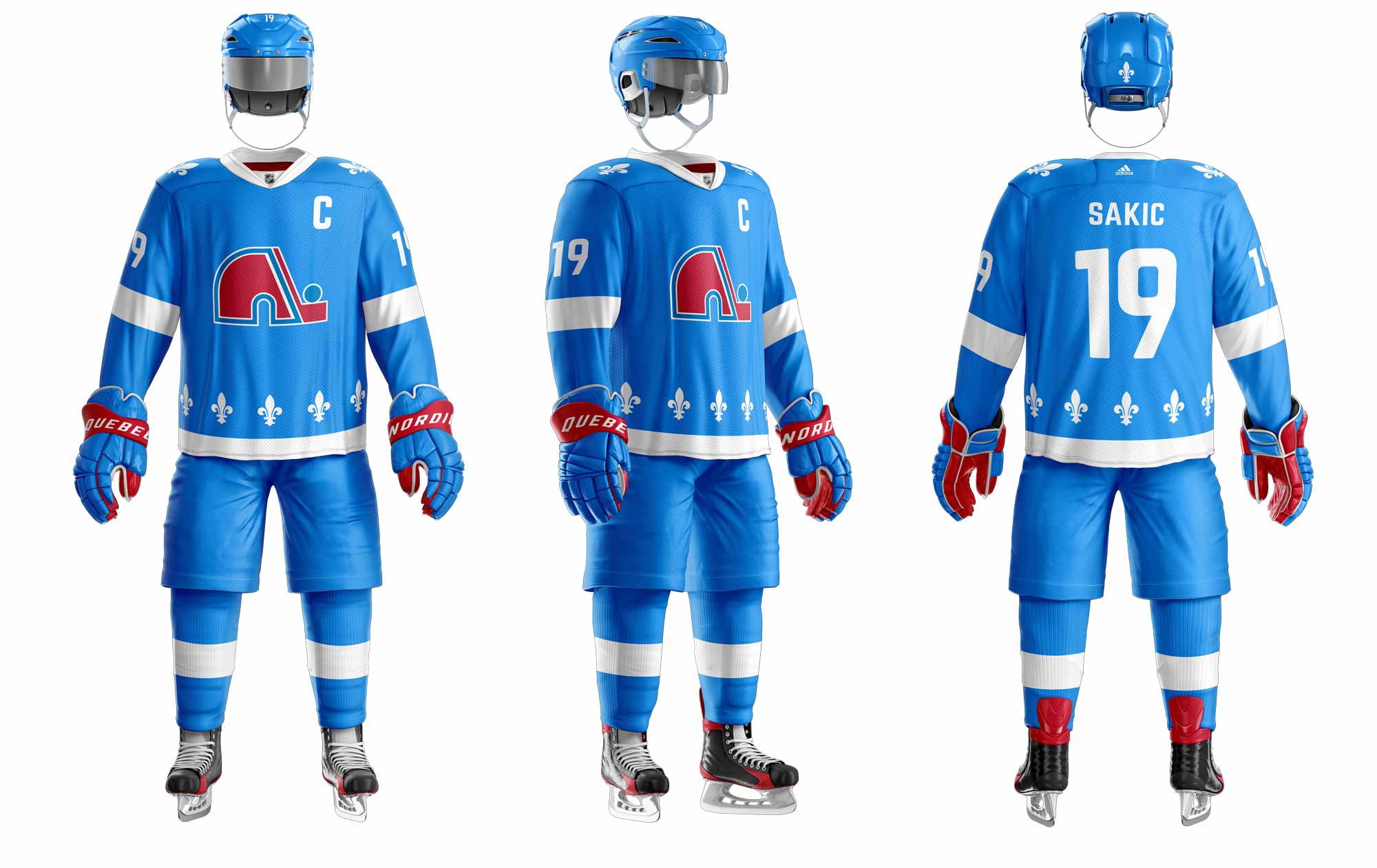 A front, three quarter, and back view of the third jersey.