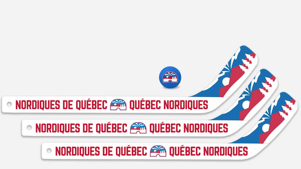 Kids mini hockey sticks with Québec Nordiques branding.