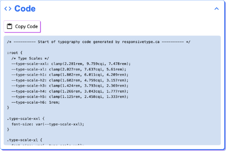 Responsive Type code output and copy functionality