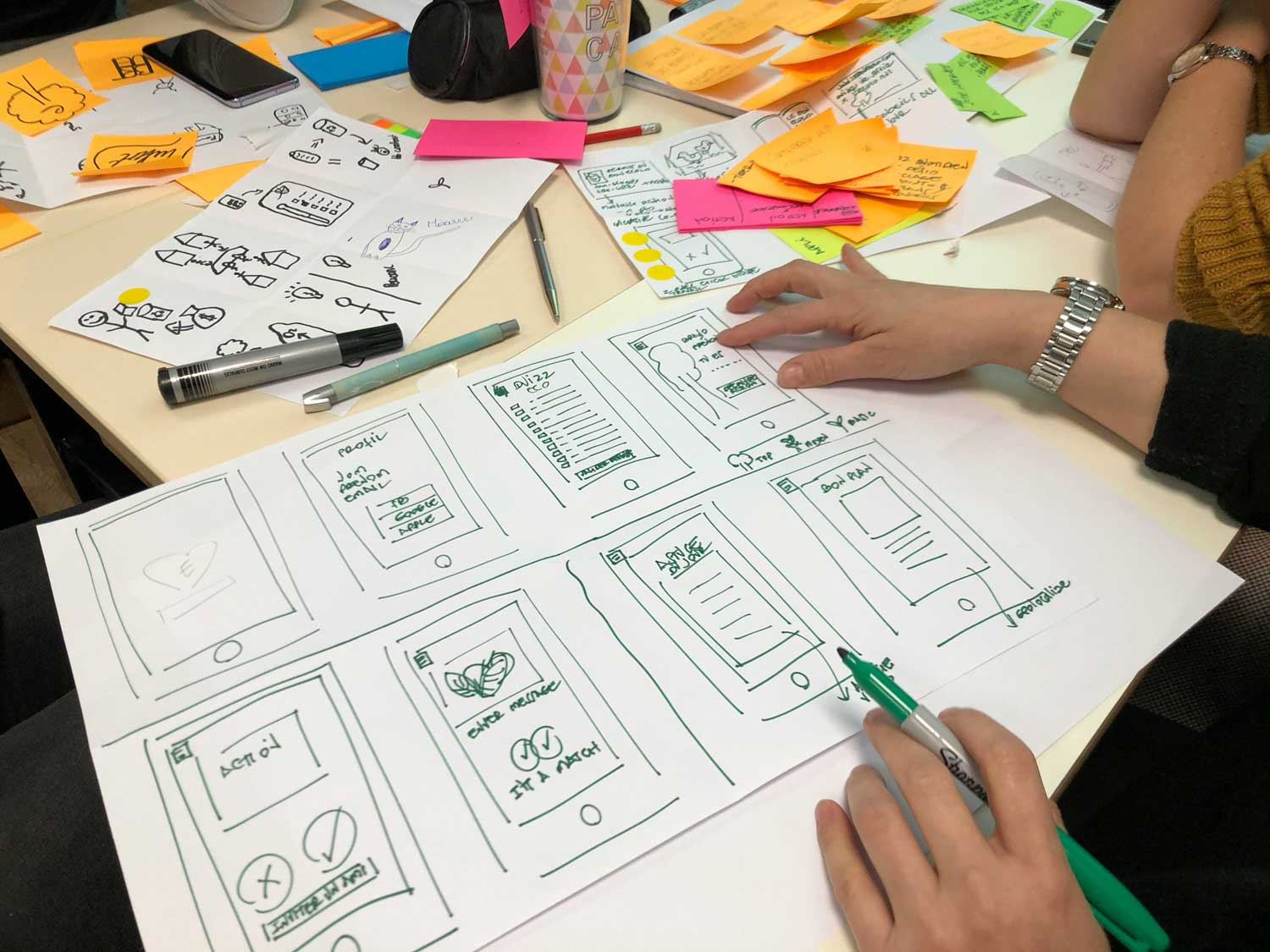 A collection of hand drawn wireframes being reviewed.