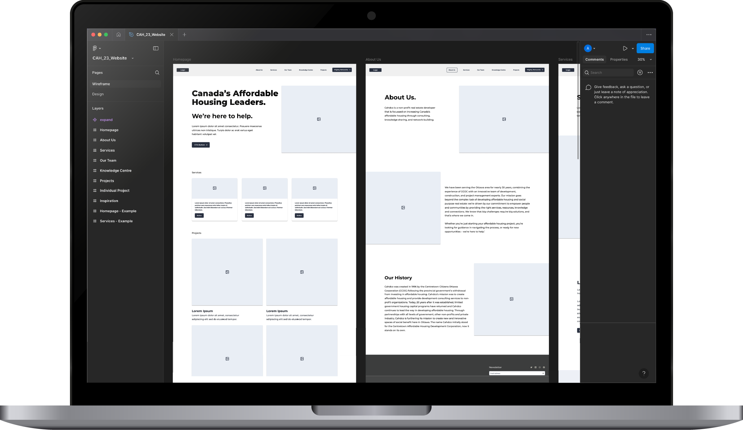 A laptop showing a wireframe in the Figma application